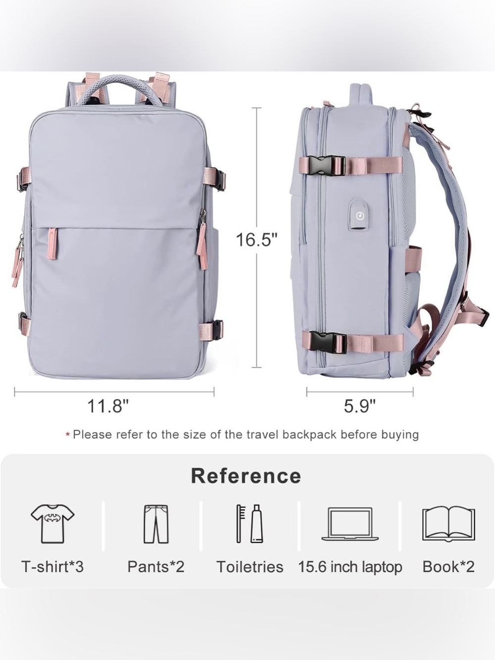 Coofay Travel Airline Approved Carry On Backpack - Lavender/Pink - Picture 3 of 16
